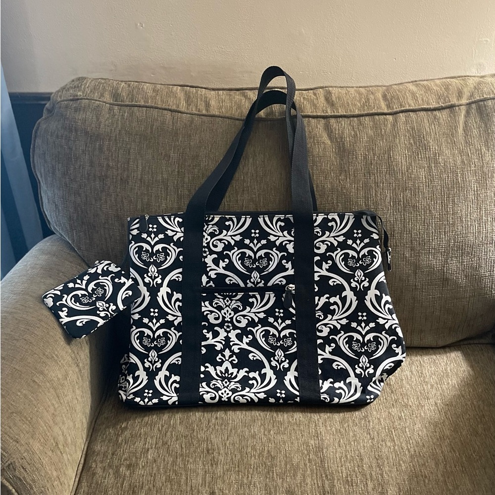 Black and White Patterned Tote Bag with Pink Interior